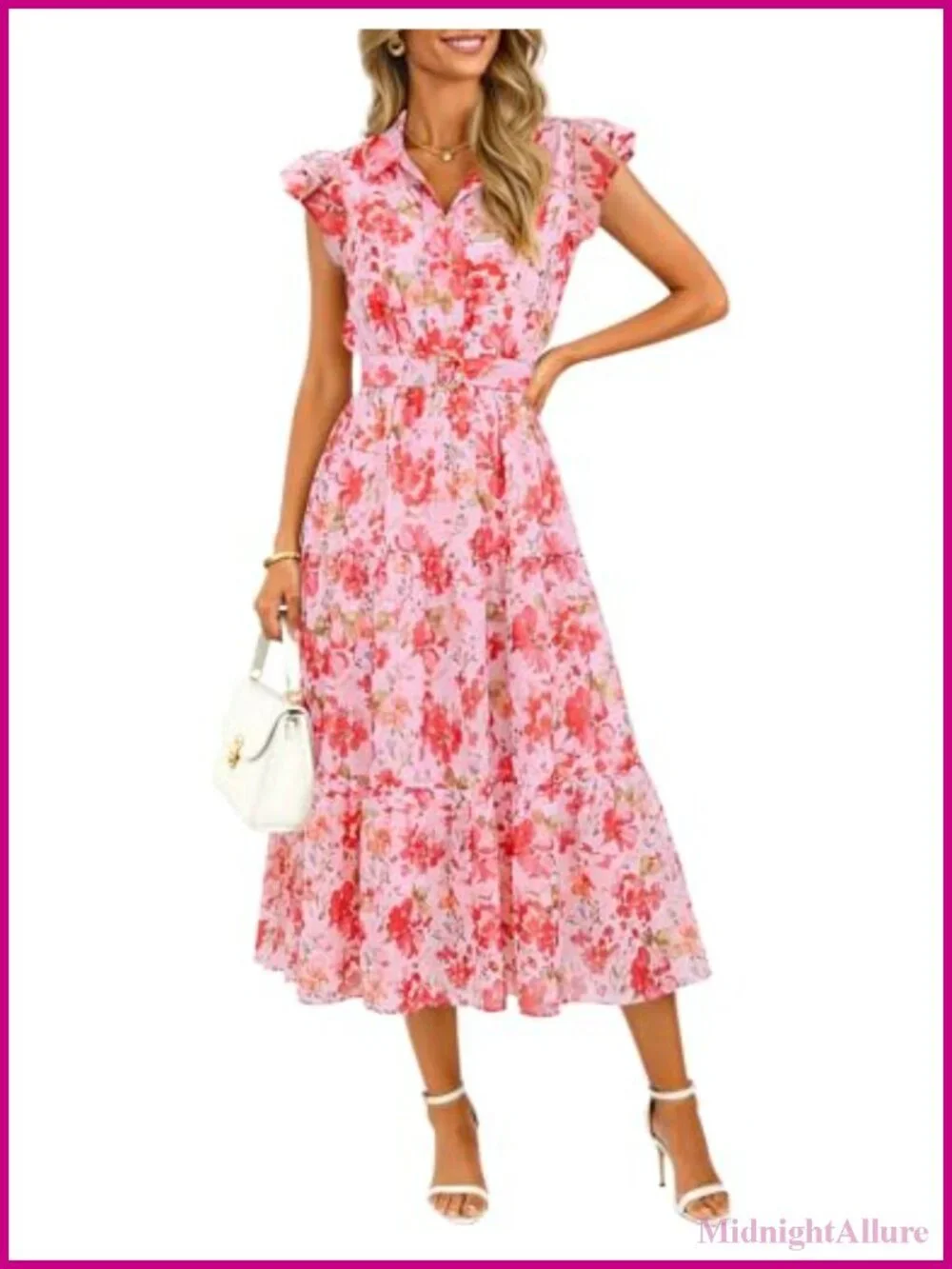Floral Midi Dress Flutter Short Sleeve Button Down Chiffon Wedding Guest